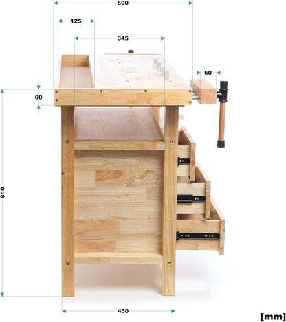 Wiltec houten werkbank 126x50x84 cm incl. spantangen, werkbankhaken, laden en apparatuurvakken