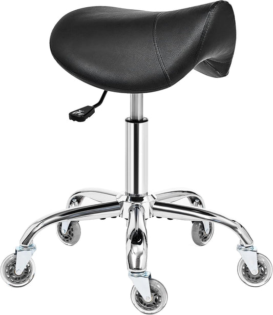 Zadelkruk Met Wielen – Rolkruk – Werkkruk – Salonkruk – Ergonomische Kruk – Zwart – Verstelbare Zithoogte 53-67 Cm – Stille 360° Wielen