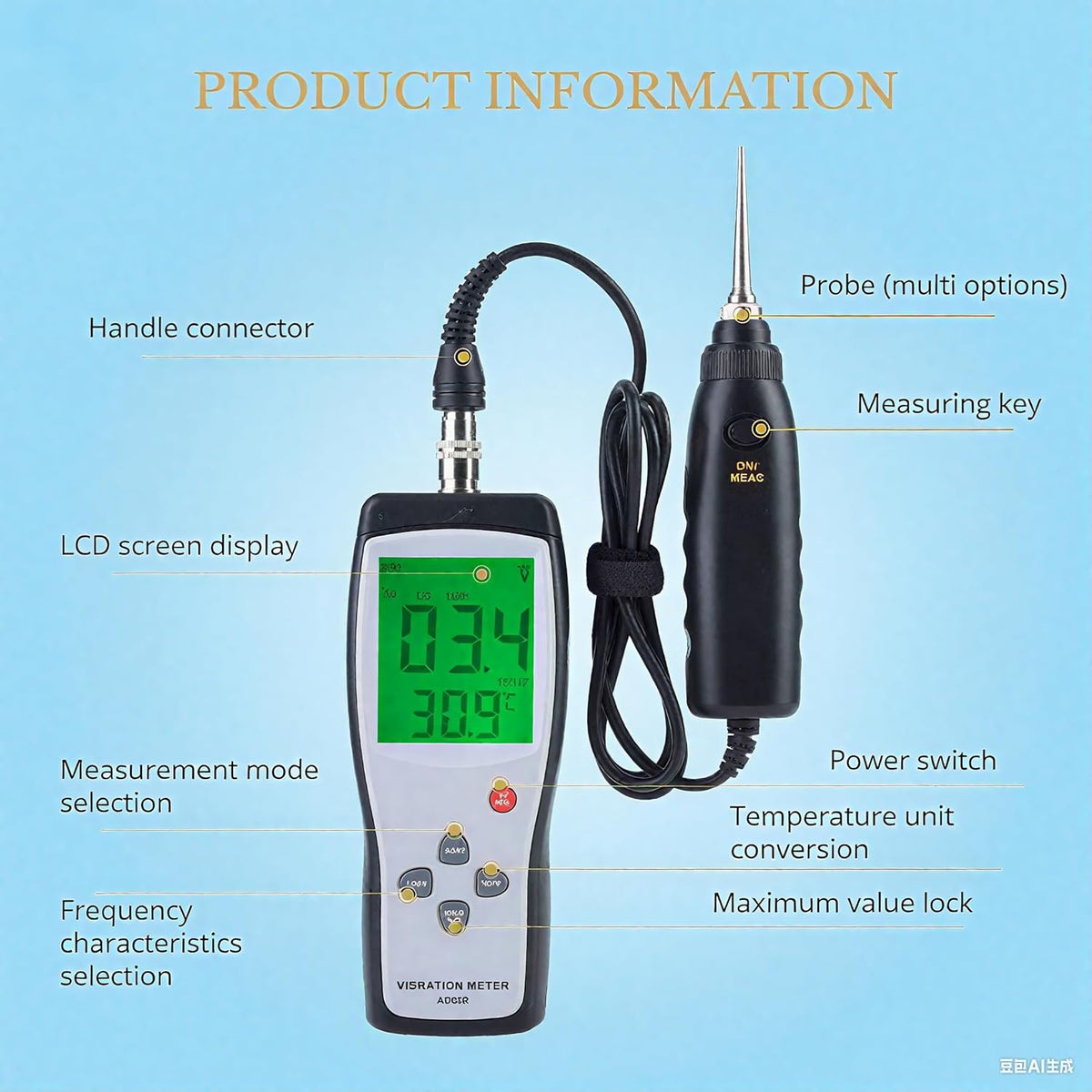 Draagbare LCD Vibration Analyzer Tester Meter Vibrometer Gauge Tester Analyzer Vibration Tester Analyzer 0.1-199.9m / s AS63B
