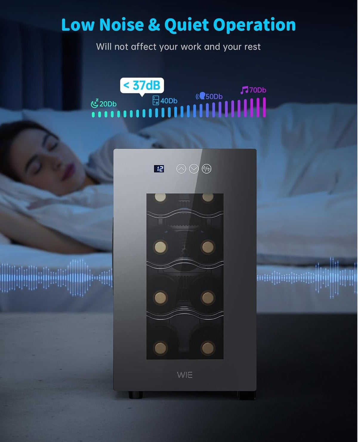 WIE Wijnkoelkast, 8 flessen, drankkoelkast, 23 liter, kleine 5-18 °C, wijnkoelkast met glazen deur, volledig glazen designdeur, led-touchpaneel, anti-uv mini-wijnkoelkast