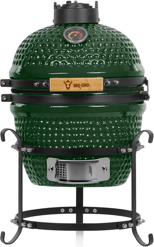 bbq-Toro Kamado Hairo Charcoal Barbecue, Diameter 32 cm, Green, Mini Charcoal Grill with Thermometer and Wooden Handles, Round Ceramic Grill, Ceramic Grill Smoker - QUORE