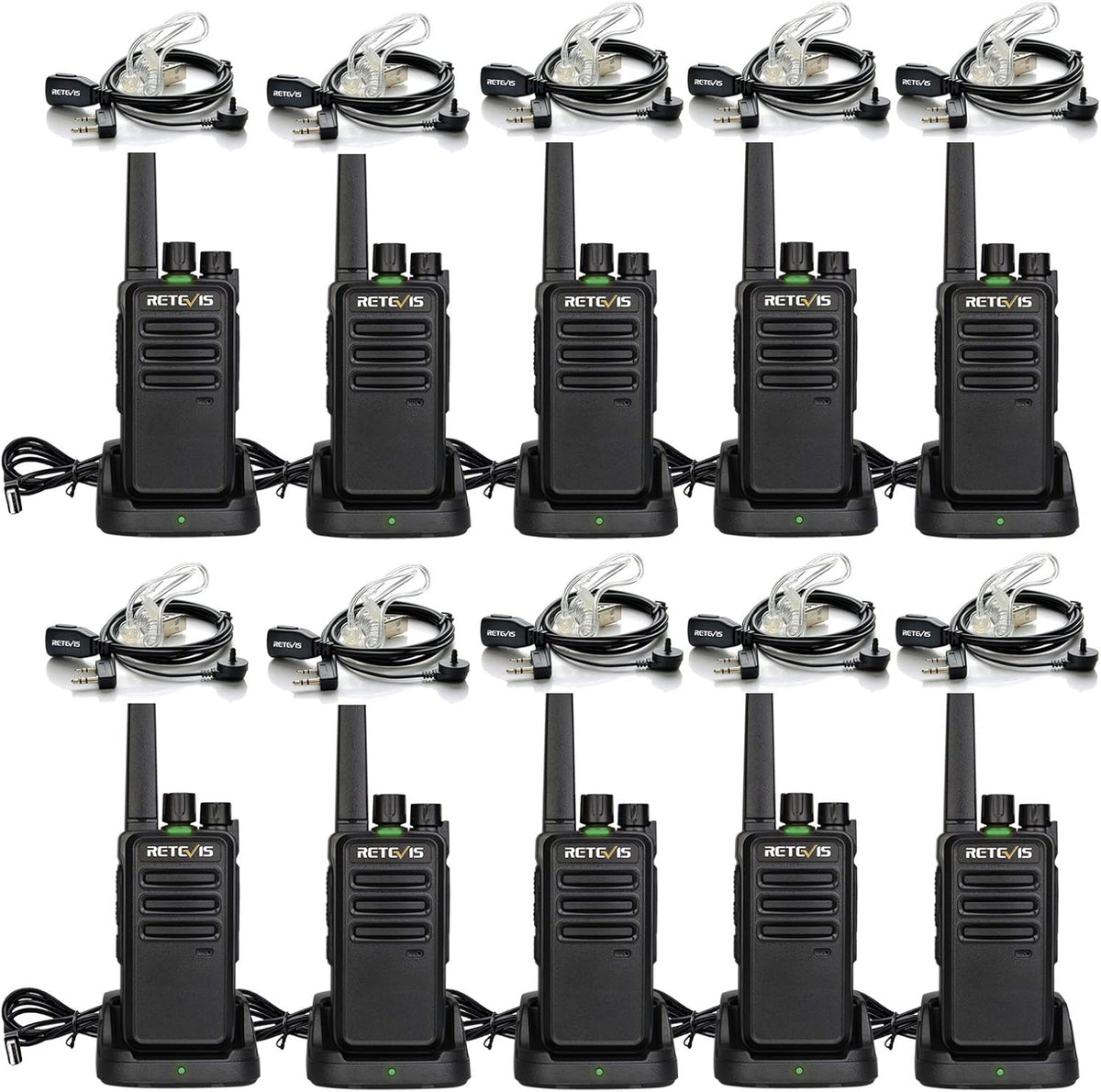 Retevis RT668 Walkie Talkie met Headset, PMR446 Licentievrij, VOX Squelch, Oplaadbare Walkietalkie, 16-Kanaals CTCSS/DCS-TOT-Scan, Portofoons voor Hotels, Scholen, Bedrijven (Zwart, 10 Stuks)