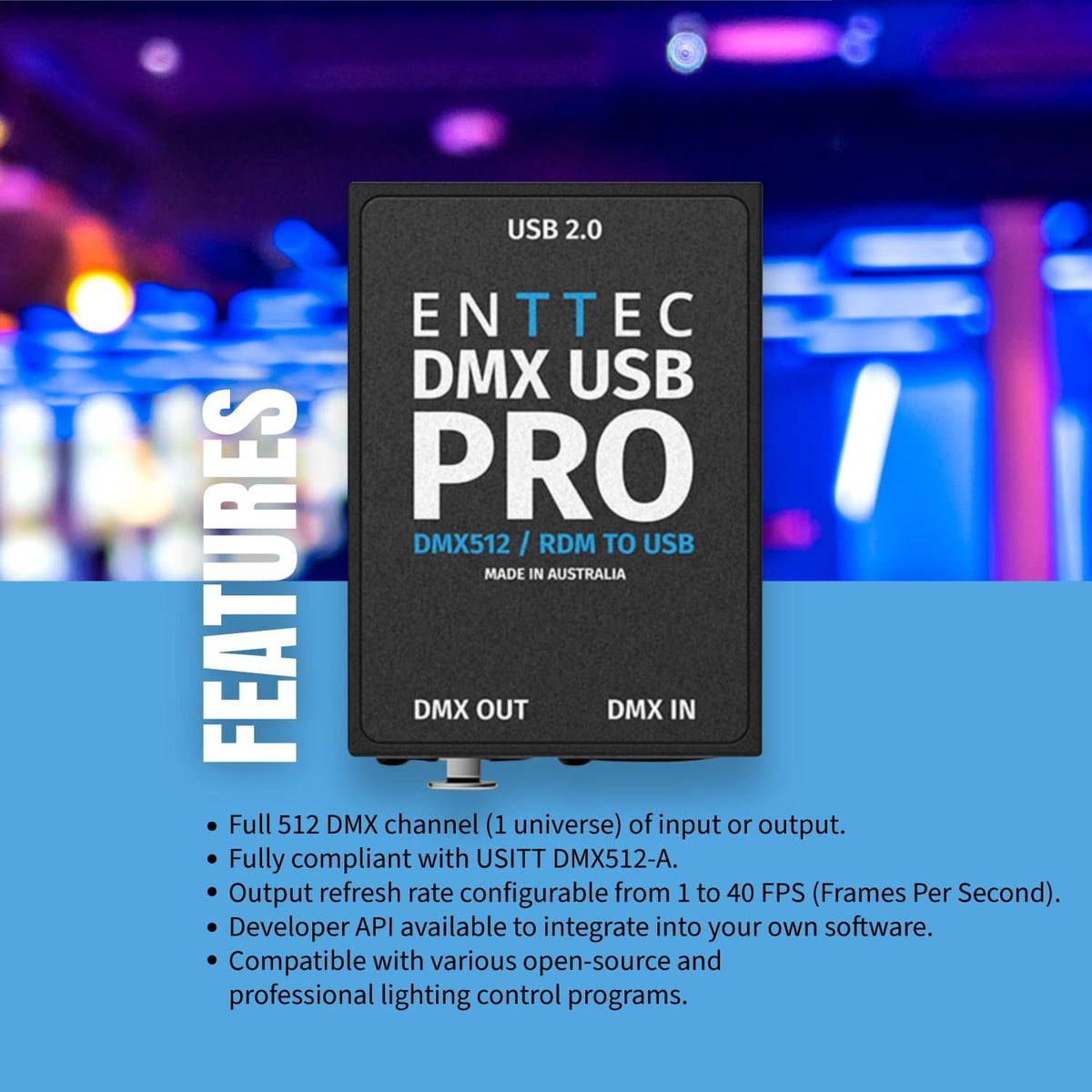 USB naar DMX/RDM interface – DMX interface – USB DMX interface – DMX dongle – DMX converter – 1 universum, 512 kanalen – 1500 V volledige isolatie en interne frame buffering