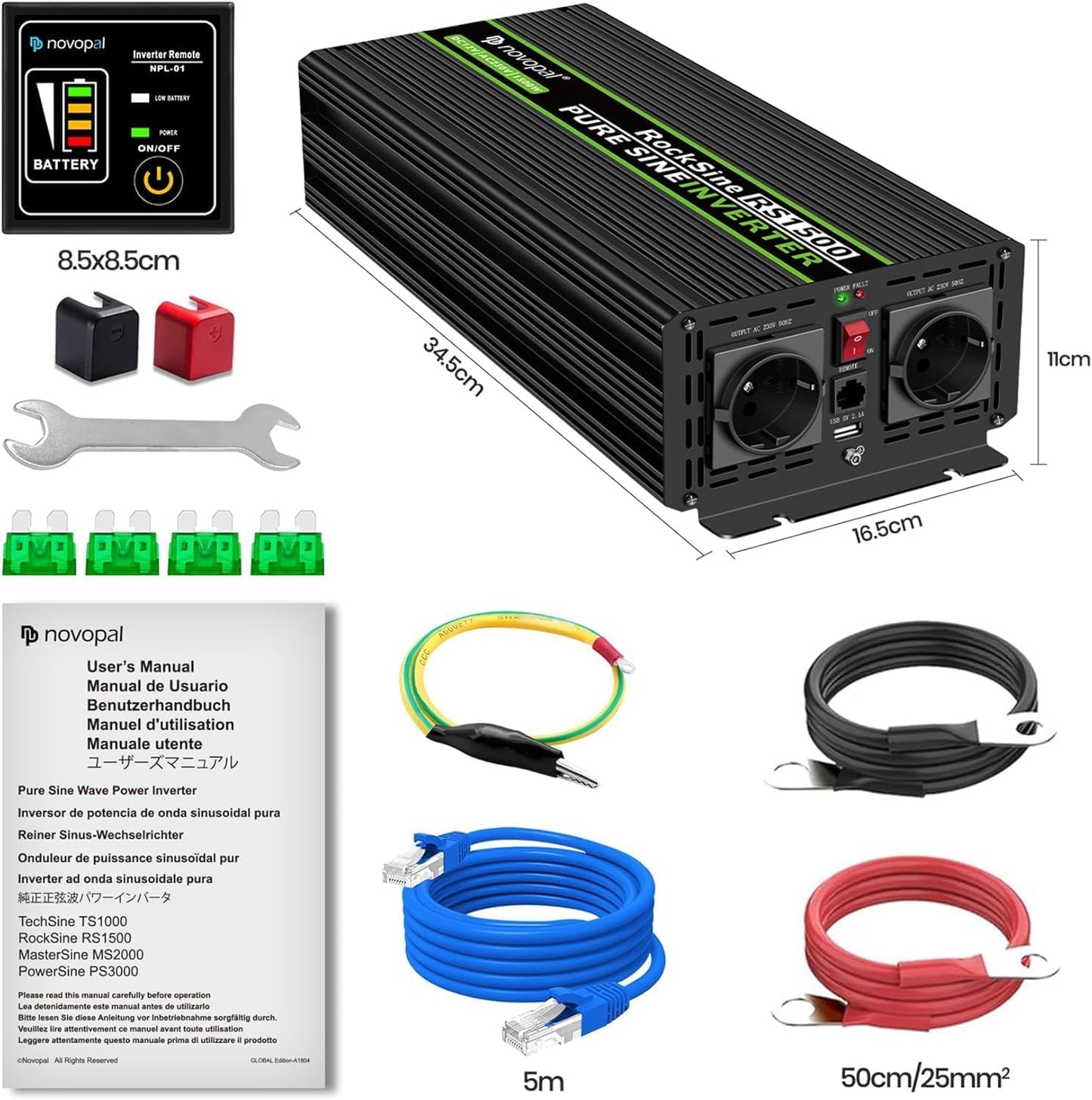 NOVOPAL 1500 W KFZ zuivere sinus spanningsomvormer auto omvormer 12 V naar 230 V omvormer converter met 2 EU stopcontact en USB-poort incl. 5 meter afstandsbediening piekvermogen 3000 Watt