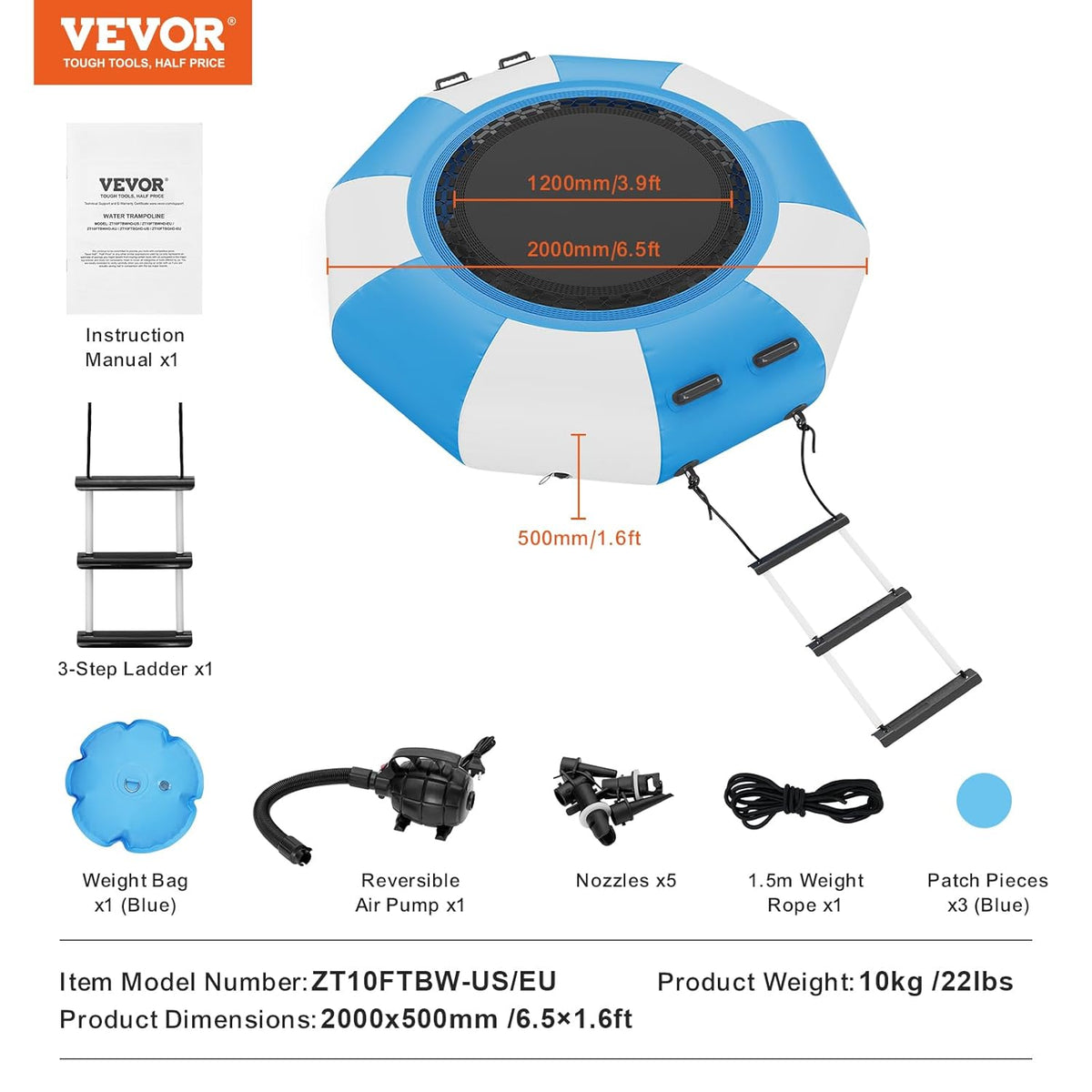 VEVOR Opblaasbare watertrampoline, opblaasbare watertrampoline, 200 x 50 cm, draagbaar zwemplatform met ladder en elektrische luchtpomp, voor kinderen, zwembad, blauw en wit