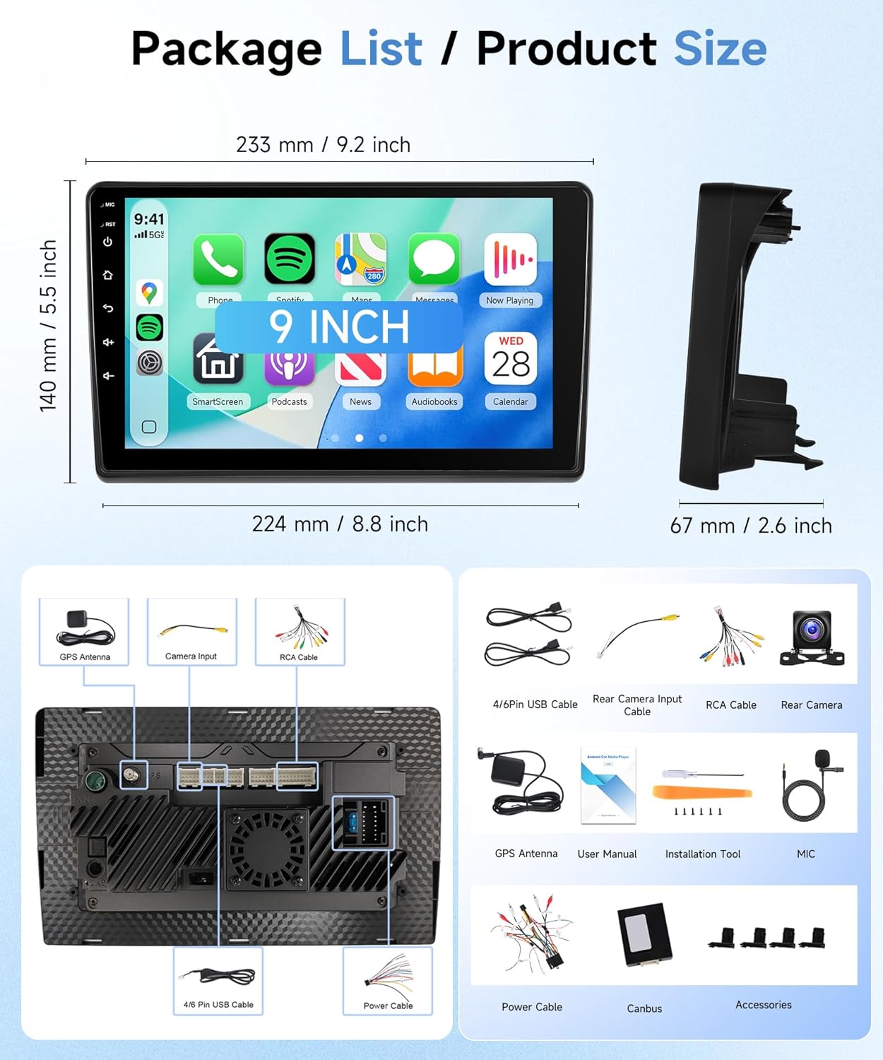 Autoradio – Inbouwradio – Multimedia Systeem – Navigatiesysteem – Touchscreen Radio – 9 Inch IPS-scherm – Draadloze CarPlay & Android Auto – HD Achteruitrijcamera met Nachtzicht