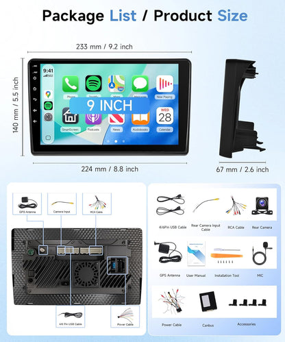 Autoradio – Inbouwradio – Multimedia Systeem – Navigatiesysteem – Touchscreen Radio – 9 Inch IPS-scherm – Draadloze CarPlay & Android Auto – HD Achteruitrijcamera met Nachtzicht
