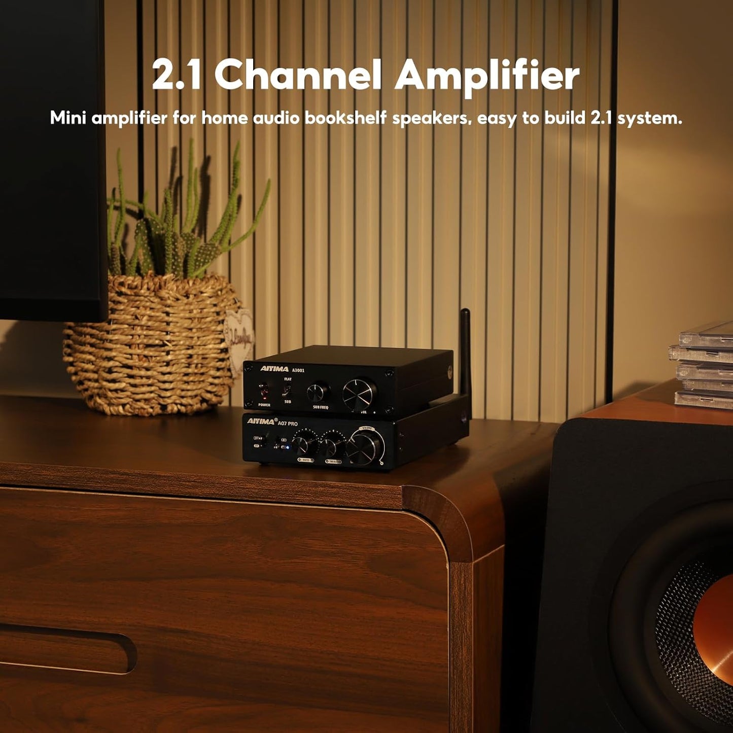 AIYIMA A07PRO TPA3255 Mini Versterker 2.0/2.1Kanaal Audio Amp 300Wx2 Klasse D Hi-Fi Stereo Geïntegreerde Versterkers Bluetooth 5.2 ondersteuning aptx Desktop versterker met Treble en Bass Control
