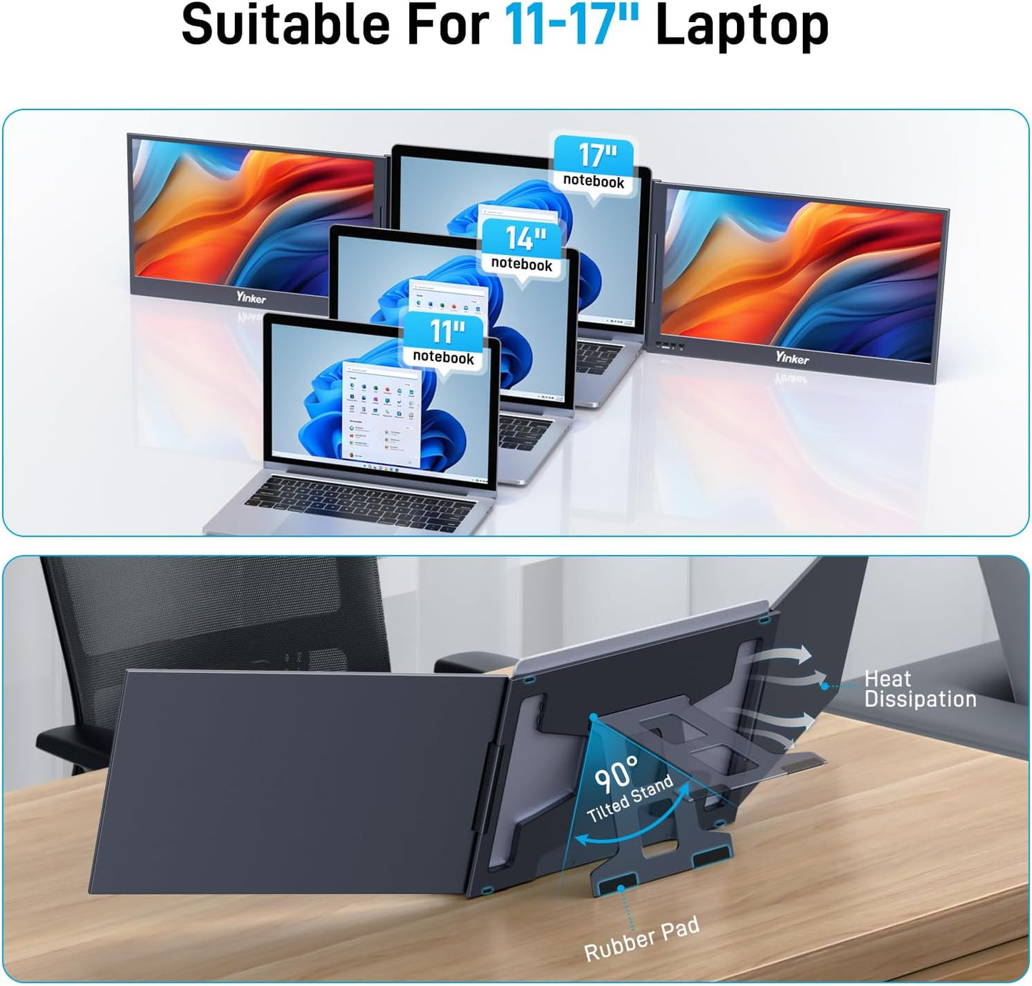 Laptopschermverlenger – Laptopmonitorverlenger – Extern Scherm – Draagbare Monitor – Meervoudig Display – 15,6 Inch FHD – 360° Draaibaar – Eén USB-C Aansluiting – Compatibel MacOS Windows Android