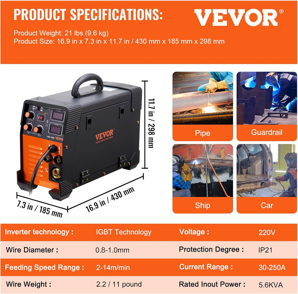 VEVOR MIG/MMA/TIG 3-in-1 Welding Machine 50-250A Filling Wire Welding (0.6mm & 0.8mm & 1mm) IGBT Technology 2.2-12m/min Wire Speed 5.6 kVA Rated Input Power IP21S Protection Class
