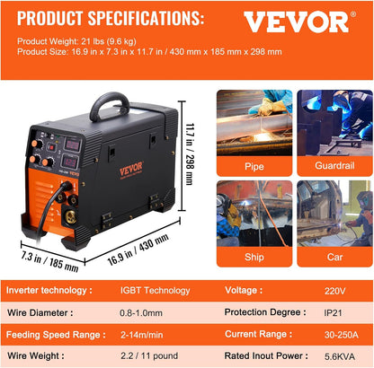 VEVOR MIG/MMA/TIG 3-in-1 Welding Machine 50-250A Filling Wire Welding (0.6mm & 0.8mm & 1mm) IGBT Technology 2.2-12m/min Wire Speed 5.6 kVA Rated Input Power IP21S Protection Class
