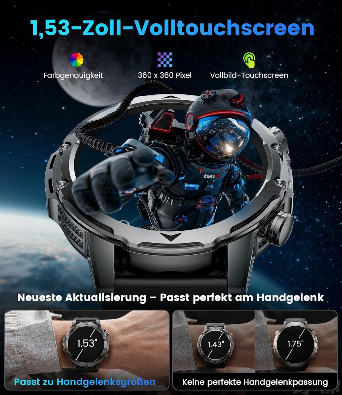 Smartwatch voor heren met oproepen/1000 mAh accu voor Android iOS, 1,53 inch HD groot touchscreen, militair smartwatch met 24 uur hartslag/110 sportmodi, IP68 waterdichte zaklamp, fitnesshorloge, 3