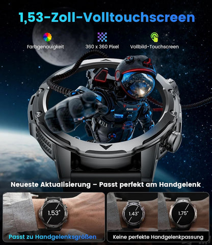 Smartwatch voor heren met oproepen/1000 mAh accu voor Android iOS, 1,53 inch HD groot touchscreen, militair smartwatch met 24 uur hartslag/110 sportmodi, IP68 waterdichte zaklamp, fitnesshorloge, 3