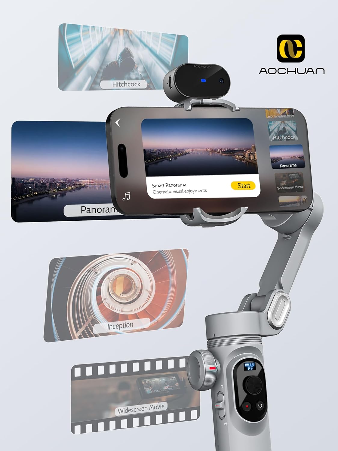 Gimbal Stabilizer voor Smartphone AI-tracking (geen app), 3-assige gimbal met OLED-display/ingebouwd licht, stabilisator voor iPhone en Android, AOCHUAN X Pro Grey AI-versie