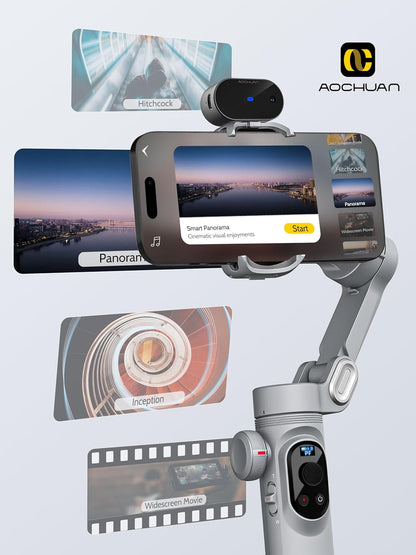 Gimbal Stabilizer voor Smartphone AI-tracking (geen app), 3-assige gimbal met OLED-display/ingebouwd licht, stabilisator voor iPhone en Android, AOCHUAN X Pro Grey AI-versie