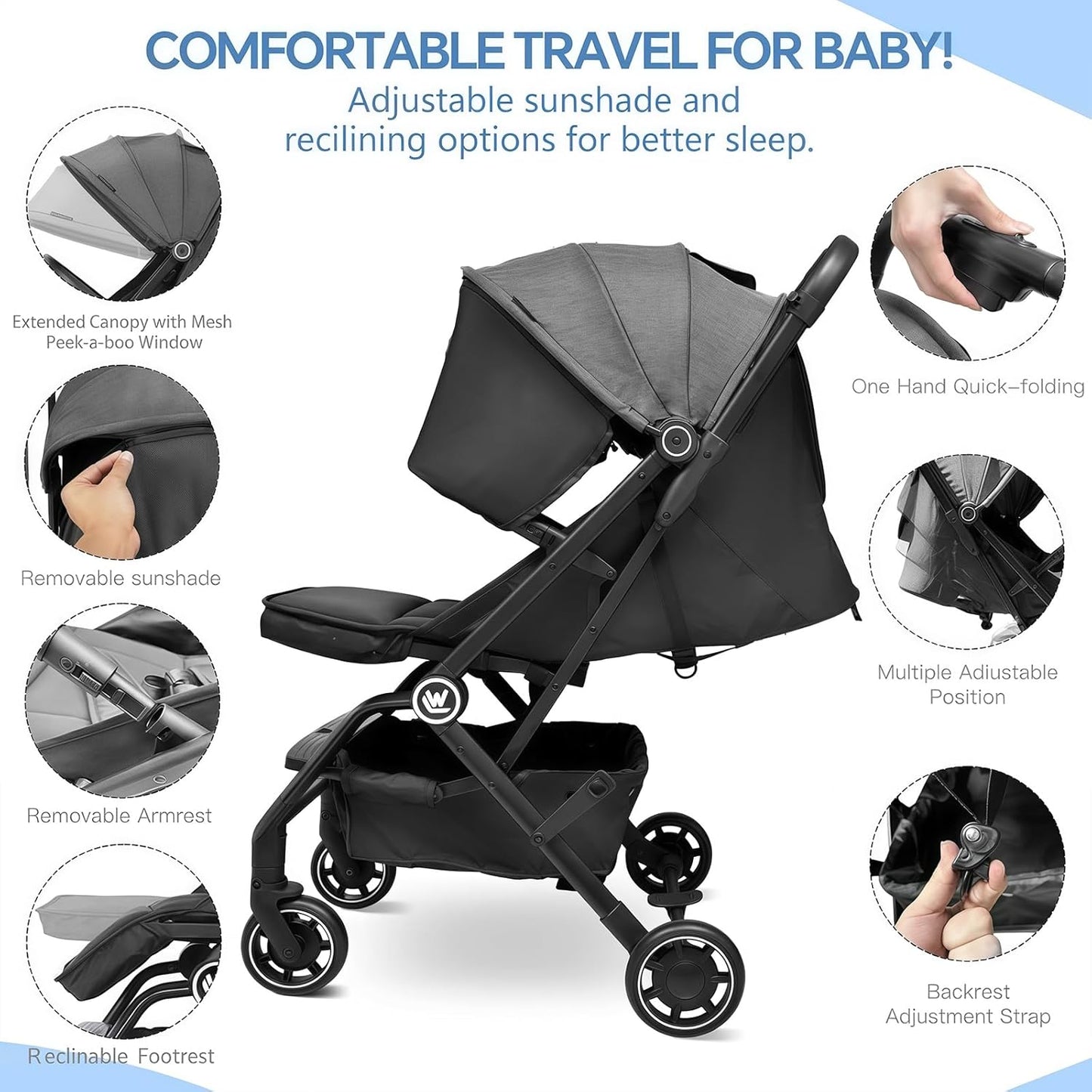Lichtgewicht Kinderwagen, Compacte Reiskinderwagen met Verstelbare Rugleuning en Opbergmand, met Één Hand, Gemakkelijk Opvouwbare Kinderwagen voor Vliegreizen en Meer