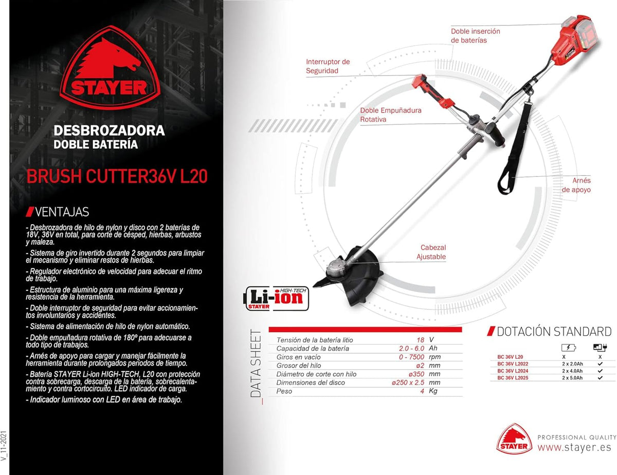 Stayer 36 V accu-grastrimmer met borstelloze motor, Brush-Cutter 36 V L2022, inhoud: 2 Bat, 2 Ah + oplader.