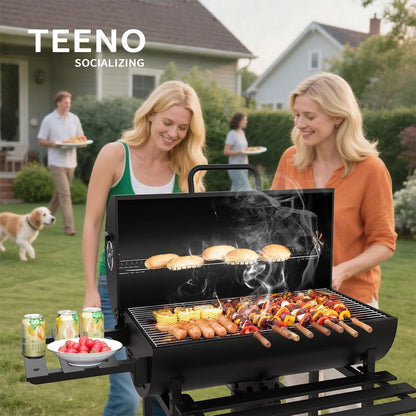 Teeno Grill houtskoolgrill, met XXL-kookrooster met twee planken, verstelbare ventilatie, grillbal, brandbeveiligingshandschoenen, draagbare houtskoolgrill (met doekdeksel)