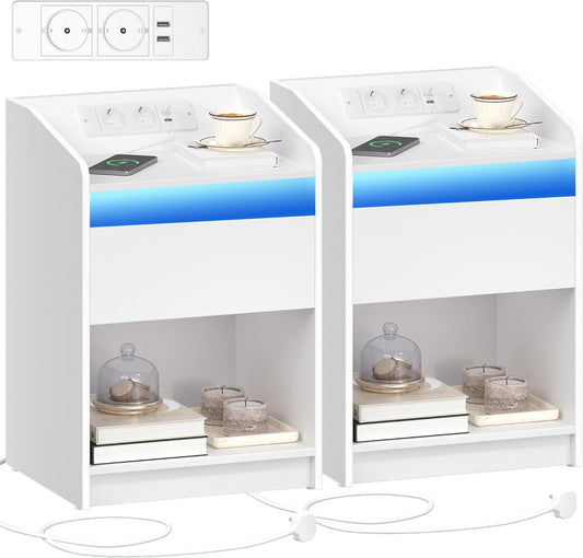 Hzuaneri Bedside Table with LED Light, Side Table with Charging Station, 1 Storage Drawer, Bedside Table for Bedroom, Living Room, 2 USB Ports, 2 Sockets, Set of 2, White NS09003X