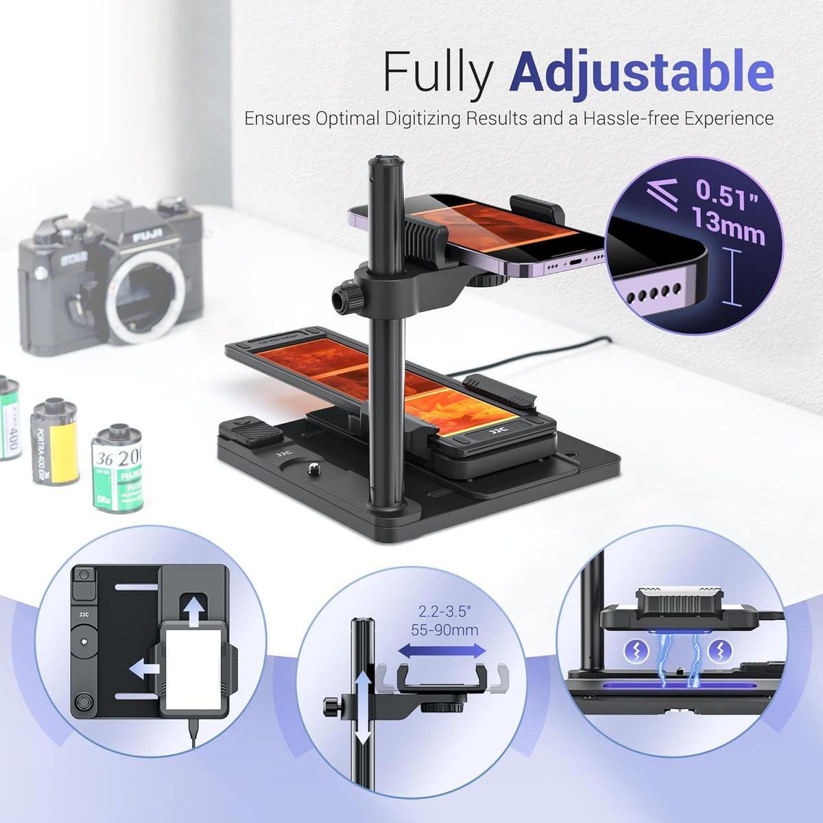 JJC Mobiele Film Digitaliseren Adapter voor Fotodia, Slides en Negatief, Lichtpanel/35mm 120 Film Houder/Afstandsbediening voor IOS Android Telefoon