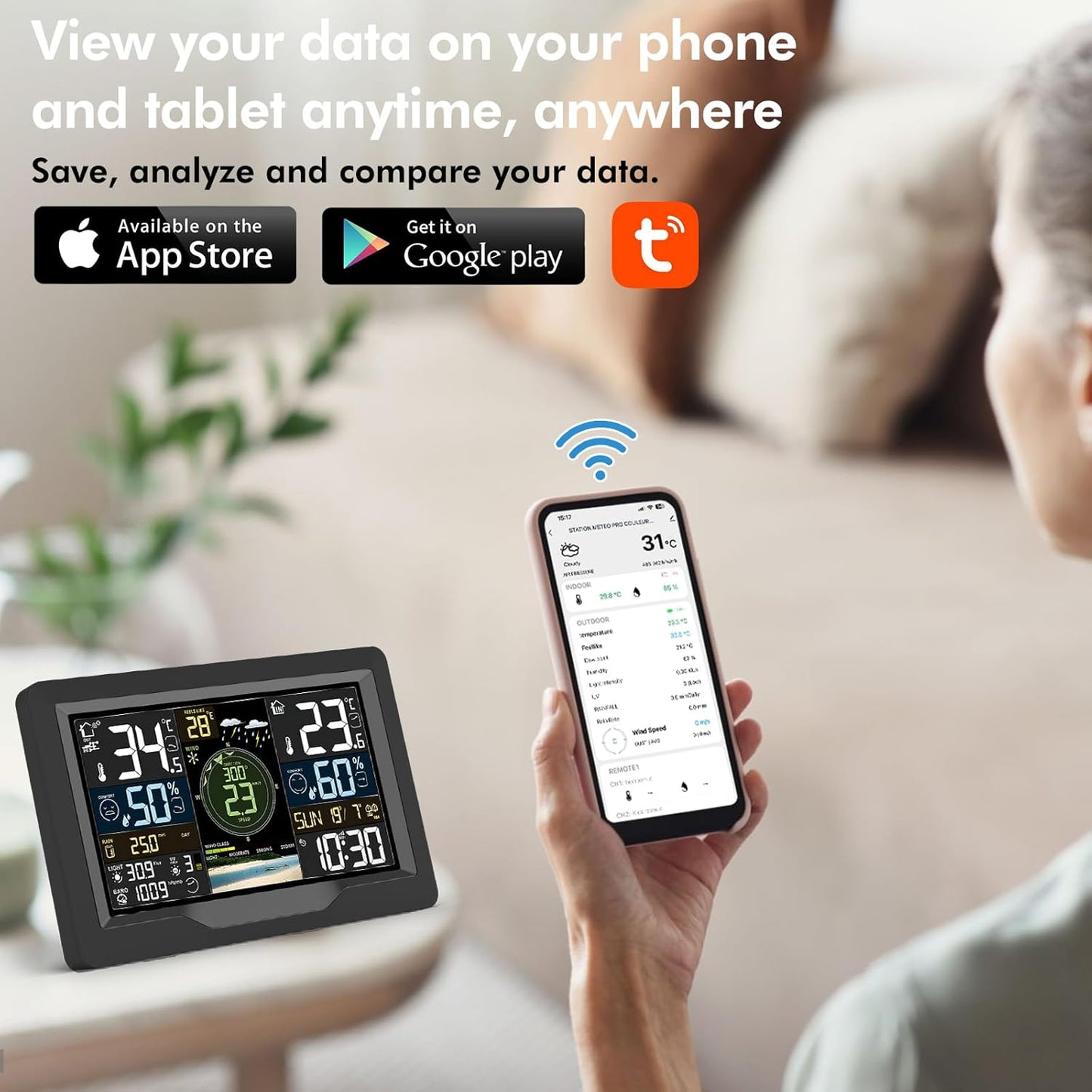 jely WiFi Weerstation met App, WLAN Weerstation met Buitensensor, Thermometer Hygrometer, Windmeter & Regenmeter, Temperatuur, Vochtigheid, Luchtdruk, UV-Index, 12–24 u Weersvoorspelling