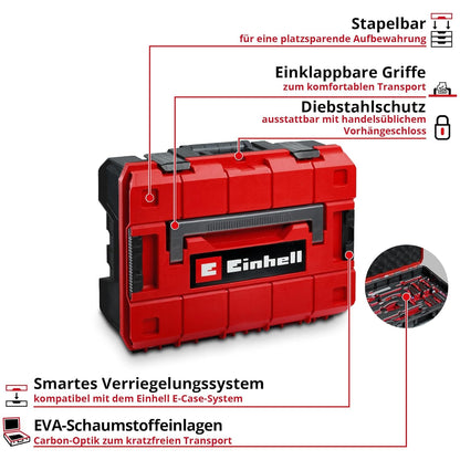 Originele Einhell Werkplaatskoffer E-Case 92 stuks (uitrusting, autodoppen, eindkappen, ratels, T-handgreep, E-koffersysteem)