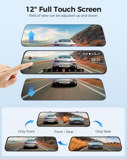 AZDOME 4K Dual Lens Spiegel Dash cam 12 ''IPS Full Touchscreen, 4K+1080P Voor en Achter 1080P IP68 Auto Camera met [Dual Cam Display] Nachtzicht WDR Parkeermodus Loop Opname G-sensor