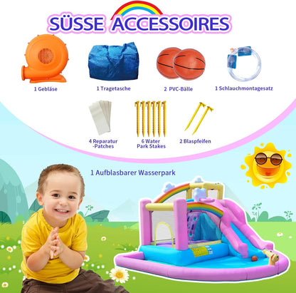 Opblaasbaar springkasteel met waterglijbaan, klimwand, basketbalkorf en kinderbadje, incl. ventilator, outdoor voor kinderen, ideaal voor tuin, 365 x 390 x 238 cm - QUORE