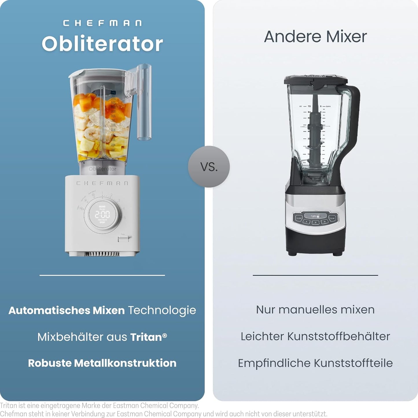 Chefman Obliterator 1,2 l blender voor smoothies, 1350 W motor voor het malen van ijs, noten en bevroren vruchten met roestvrijstalen lemmet, Auto Blend functie, incl. 600ml reiscontainer - betongrijs