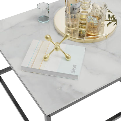 Witte marmeren bovenblad tafels vierkante salontafel - nesttafels set van 2 gesinterde steen met zwart metalen frame, woonkamer appartement hotel kantoor