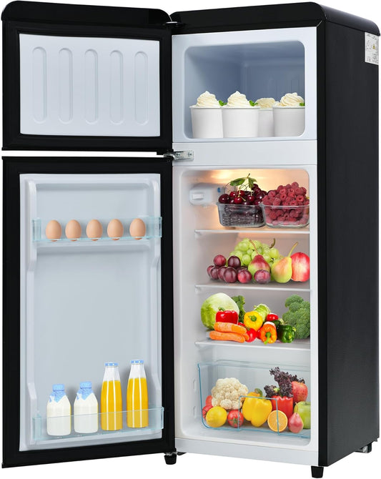 Retro Fridge-Freezer 92L with 28L Freezer Compartment, D Energy Class, Two-Door Design for Kitchen/Living Room, Compact 105.5 cm High, 7 Temperature Levels, R600a Refrigerant - QUORE