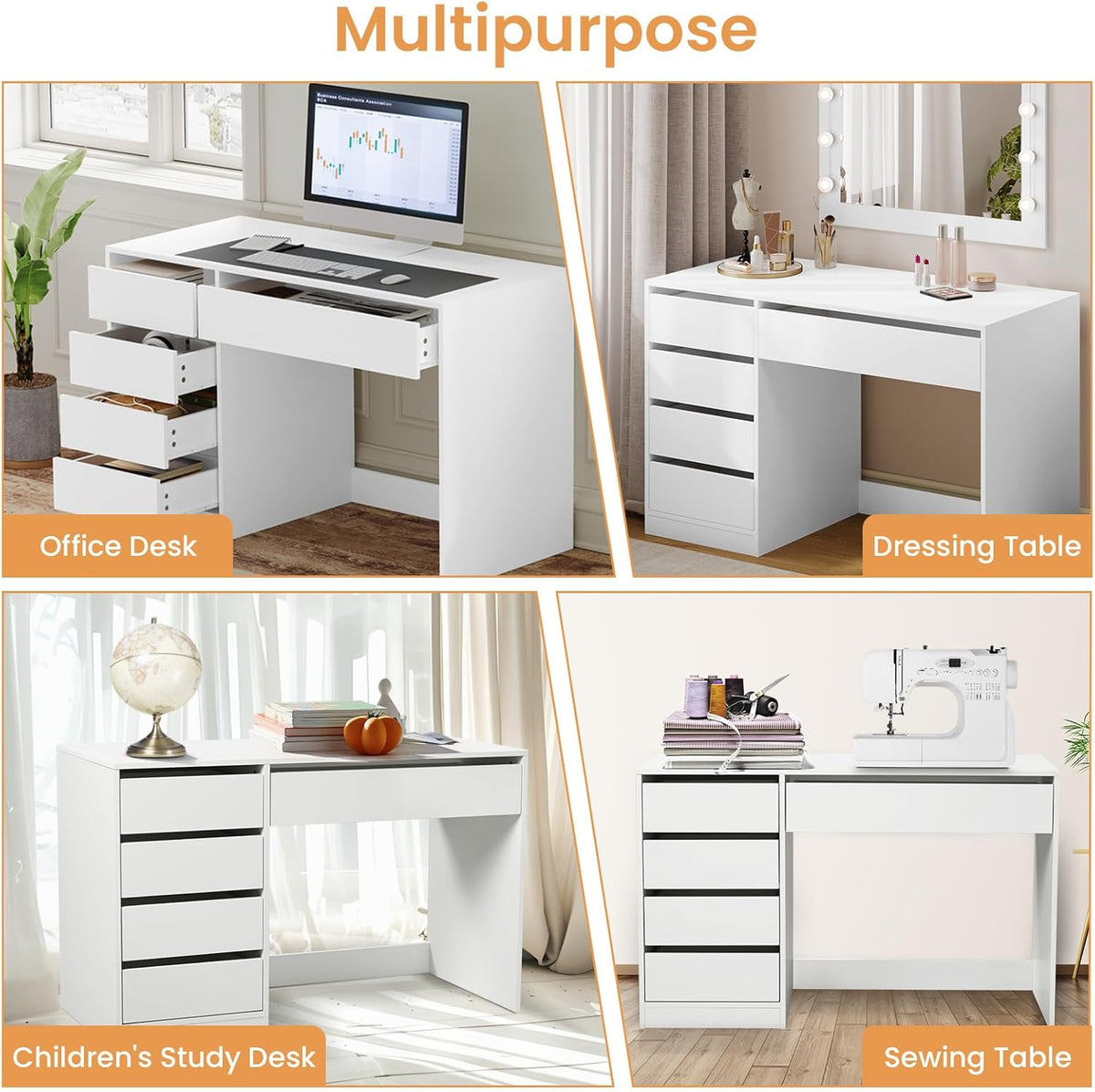 eSituro Makeup Table White with 5 Drawers Without Mirror, Desk, Computer Table with Storage Space, Vanity Dressing Table, Desk Table for Teenage Room and Bedroom, 120 x 55 cm - QUORE