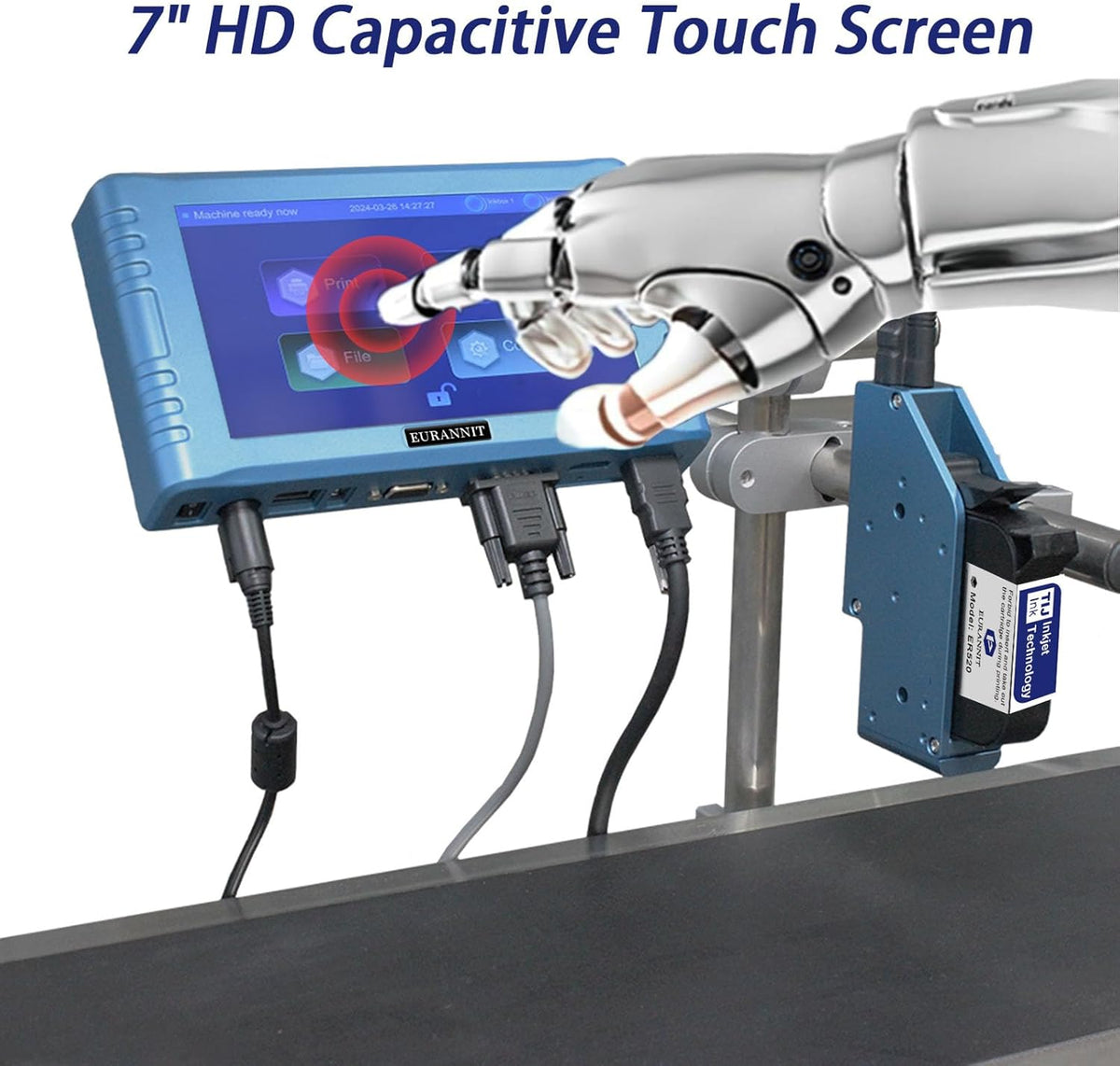 Automatische inkjetcodemachine voor de lijn, 260E thermische inkjetprinter met 7 inch touchscreen voor datum/partij/QRCode/Barcode/Logo enz. (1 mondstuk/12,7 mm)