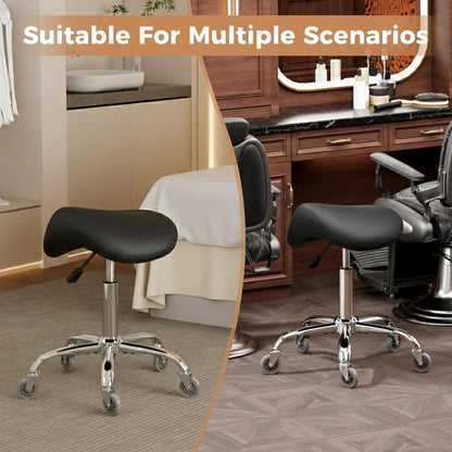 BEWISHOME Ergonomische Zadelkruk met Wieltjes, Hydraulisch in Hoogte Verstelbaar, Groot Zitkussen, Kapsalons, Schoonheidssalons, Massageklinieken en Spa's (Zwart)