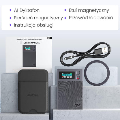 NEWYES Ailog KI Digitaal dicteerapparaat met speciale app, transcriberen en samenvatten, vertaling in meer dan 188 talen, 64 GB geheugen voor vergaderingen, lezingen, oproepen, zaken, onderwijs
