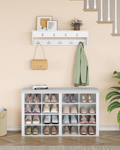 Hzuaneri Wardrobe Shoe Rack Set, Shoe Bench with Cushion, Entrance Bench 30 x 105 x 59 cm, Wall Coat Rack with 9 Hooks Coat Racks with Shelf for Living Room, Bedroom, Entrance, White-Grey, HT56603GY