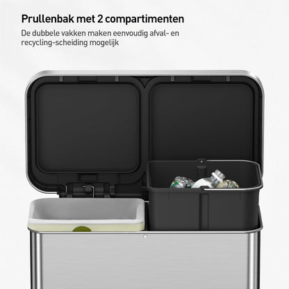 EKO Deluxe Prullenbak 2 Vakken, 40 + 28 liter, Recyclebare Vuilnisemmer, 12 vuilniszakken, Afvalscheiding met uitneembare binnenemmer, duurzame pedalen, soft closing, Vingerafdrukbestendig