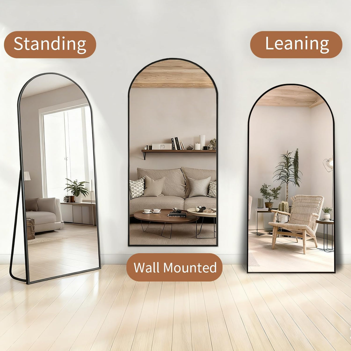 Full body spiegel, 165 x 60 cm boog, staande spiegel van gehard glas, hangend of leunend, grote wandspiegel voor slaapkamer, woonkamer, kleedkamer, zwart