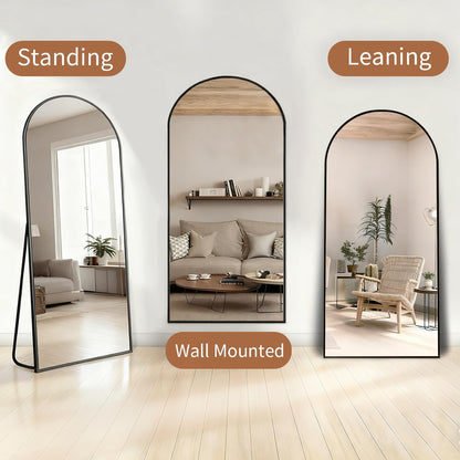Full body spiegel, 165 x 60 cm boog, staande spiegel van gehard glas, hangend of leunend, grote wandspiegel voor slaapkamer, woonkamer, kleedkamer, zwart