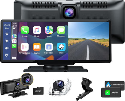 Draadloze Apple Carplay & Android Auto Stereo, 9.26" Draagbare Autoradio met 2K Dash Cam Voorkant, 1080P Achteruitrijcamera, Navigatie Apparaten met Siri/Bluetooth/GPS/Google/FM/AUX/Mirror-Link/64G TF