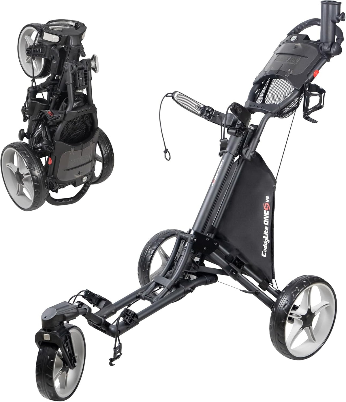 Caddytek CaddyLite One Swivel versie 8 golftrolley, 3-wielen, 360° zwenkbaar voorwiel, inklapbaar met één klik, lichtgewicht, verstelbare duwbeugel