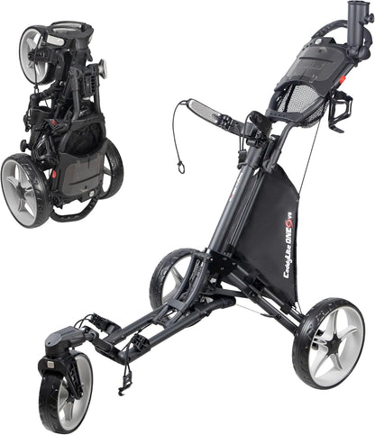 Caddytek CaddyLite One Swivel versie 8 golftrolley, 3-wielen, 360° zwenkbaar voorwiel, inklapbaar met één klik, lichtgewicht, verstelbare duwbeugel