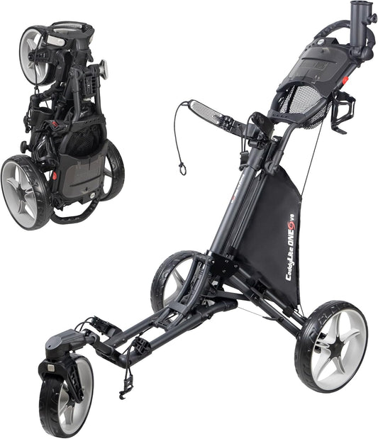 Caddytek CaddyLite One Swivel versie 8 golftrolley, 3-wielen, 360° zwenkbaar voorwiel, inklapbaar met één klik, lichtgewicht, verstelbare duwbeugel