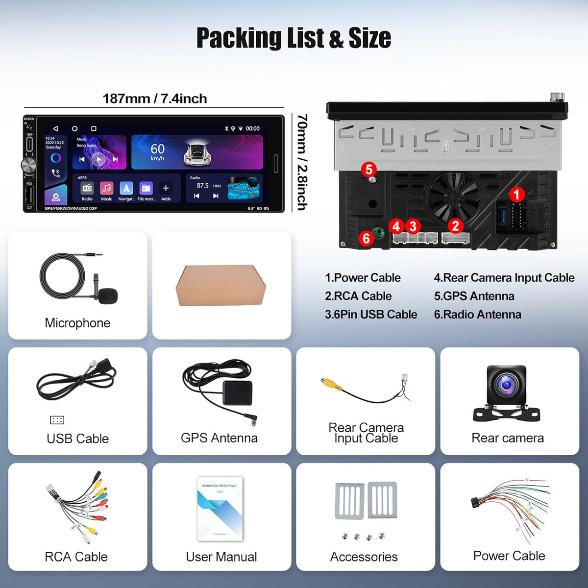 OiLiehu 2+32G Android 13 1-DIN Autoradio met Draadloze CarPlay & Android Auto, 6.9" IPS Radio met Scherm