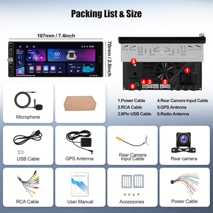 OiLiehu 2+32G Android 13 1-DIN Autoradio met Draadloze CarPlay & Android Auto, 6.9" IPS Radio met Scherm