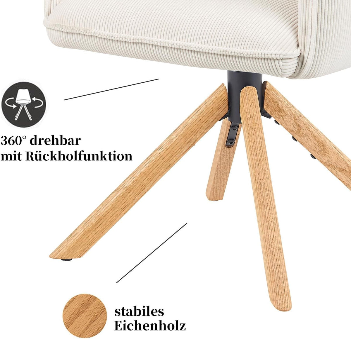 Draaibare Eettafelstoel – Eetkamerstoel – Stoel – Zithoekstoel – Draaistoel – Crèmekleurig – 360° Draaibaar Frame – Geolied Eikenhout