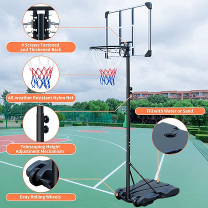 HIONRE Draagbare 7ft Basketbal Transparante Backboard Hoop Net Set Professionele Outdoor Basketbal Stand met Wielen, Verstelbare Hoge 165cm-213cm, Zwart