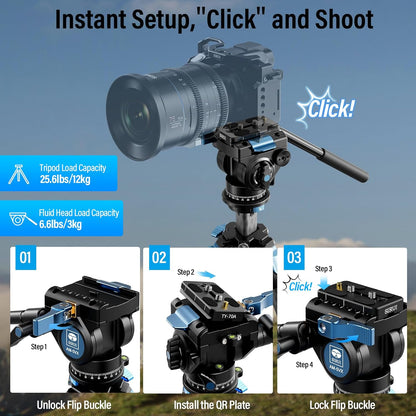 SIRUI AM-124 Koolstofvezel statief met AM-5VX vloeistofkop, 65 inch compact videocamerastatief voor reizen, driehoekige middenkolom, zijlader QR-plaat, waterdicht draaislot, belastingen 3 kg