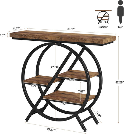 Tribesigns Console Table, 100 cm, Thick Top Industrial Coffee Table, Side Tables with Geometric Metal Frame, for Living Room, Entrance, Rustic Brown