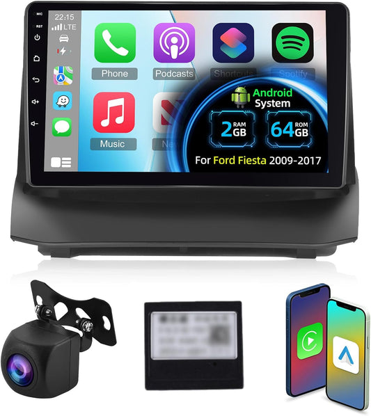 [2+64G]Android 13 Autoradio voor Ford Fiesta 2009-2017 met Wireless Carplay & Android Auto - 9 Inch Touchscreen Autoradio met WiFi GPS Mirror Link DSP FM/RDS Radio SWC + AHD Achteruitrijcamera